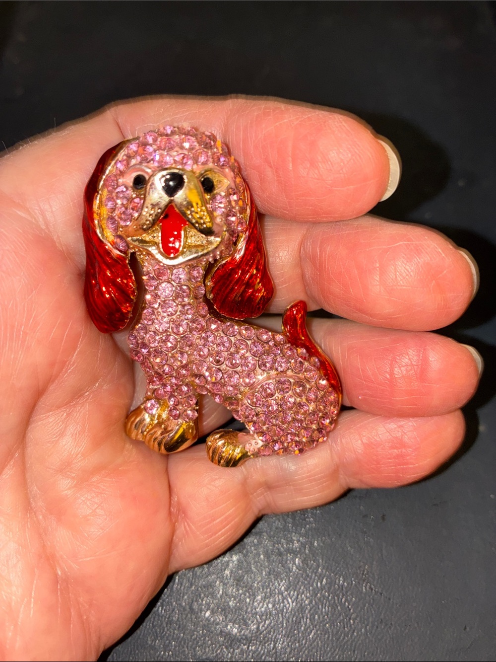 Cute Pink Crystal Dog Brooch with Red Accents